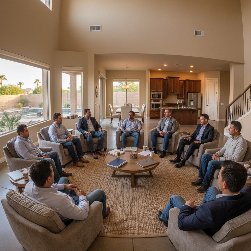 A South Phoenix AZ residence in the 85040, 85041, 85042 zip codes built-in the early 2000 four bedroom. Inside the house men of different races meeting in a circle