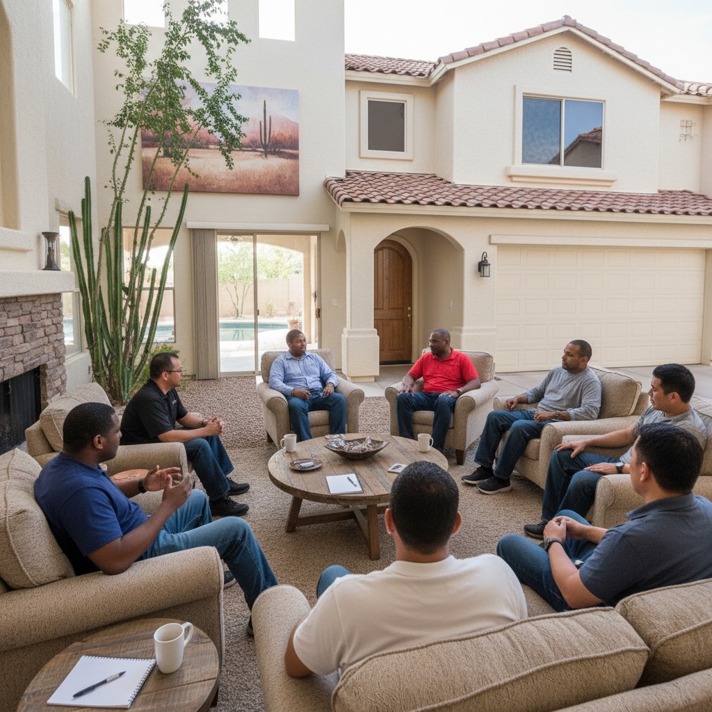 A South Phoenix AZ residence in the 85040, 85041, 85042 zip codes built-in the early 2000 four bedroom. Inside the house men of different races meeting in a circle